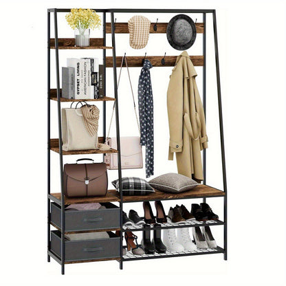 Kapstok – Garderoberek – Staande Kapstok – Wandkapstok – Schoenenrek – 9 Haken & 2 Lade – Industrieel Ontwerp – 122x40x180 cm – Hout & Staal – Draagkracht 35 kg