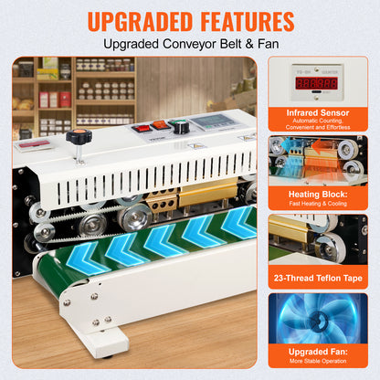 Bandsealer – Continue Sealmachine – Zaksealer – Doorlopende Sealapparaat – Automatische Sluitmachine – Koolstofstaal Behuizing – 600W Vermogen – Tel- en Printfunctie