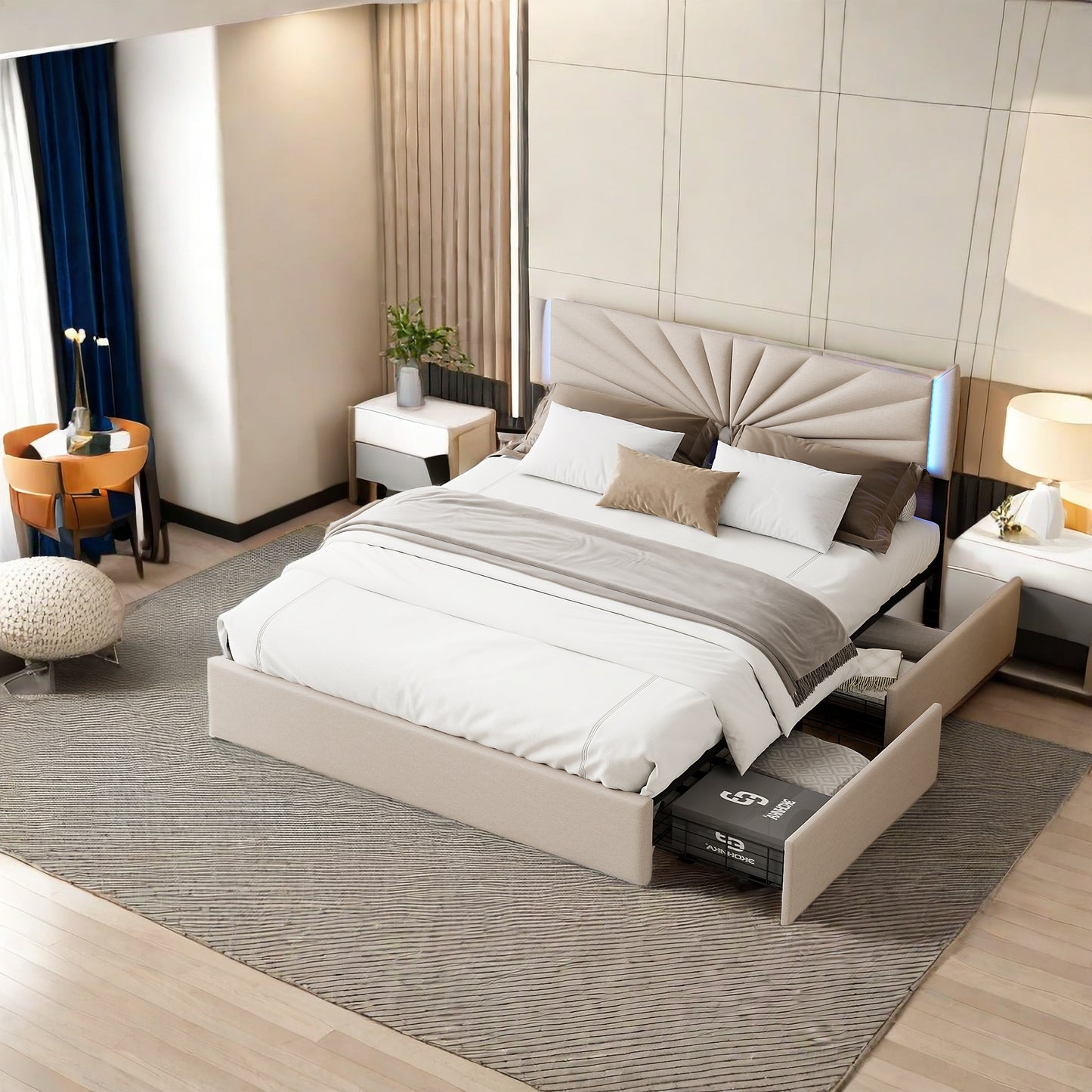 Tweepersoonsbed – Bed met Opberglades – Gestoffeerd Bed – LED Verlichting Bed – 160x200 cm – Beige – 4 Ruime Lades – Robuust Metalen Frame