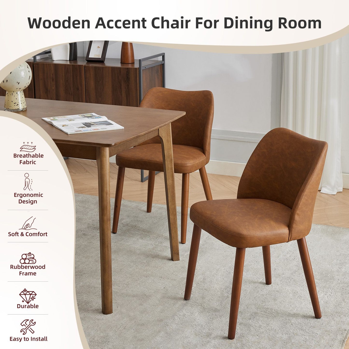 Set of 2 Modern Dining Chairs | Upholstered Kitchen Side Chairs with Hardwood Legs, Brown Color for Restaurant and Dining Room