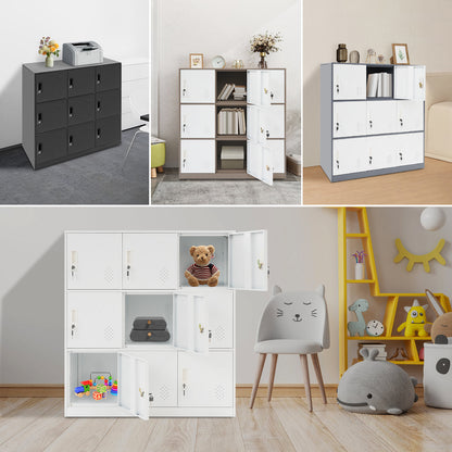 Lockbare Opbergkast – Stalen Kast – Veilig Bewaarmeubel – Organisatie Kast – Opbergrek – Wit met Koffiekleurige Accenten – 9 Compartimenten met Slot – Geluiddempend Sluitmechanisme