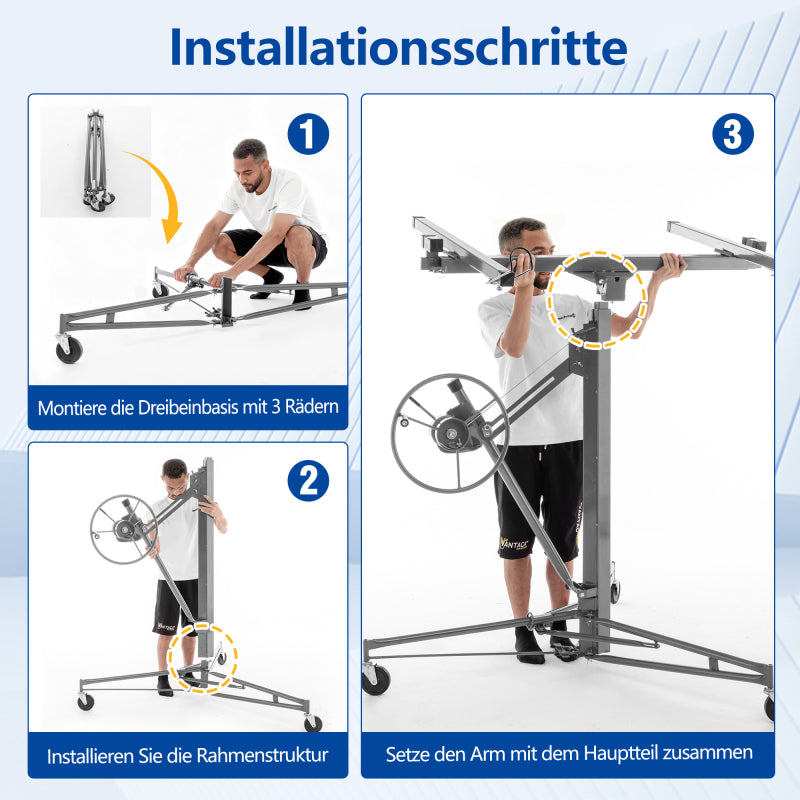 Gipsplaatlift – Gyproc Lifter – Plaatlift – Platenheffer – Montagehulp – Verstelbaar 140-350 cm – 3 Remwielen & 60° Kantelbaar – Stalen Frame Grijs