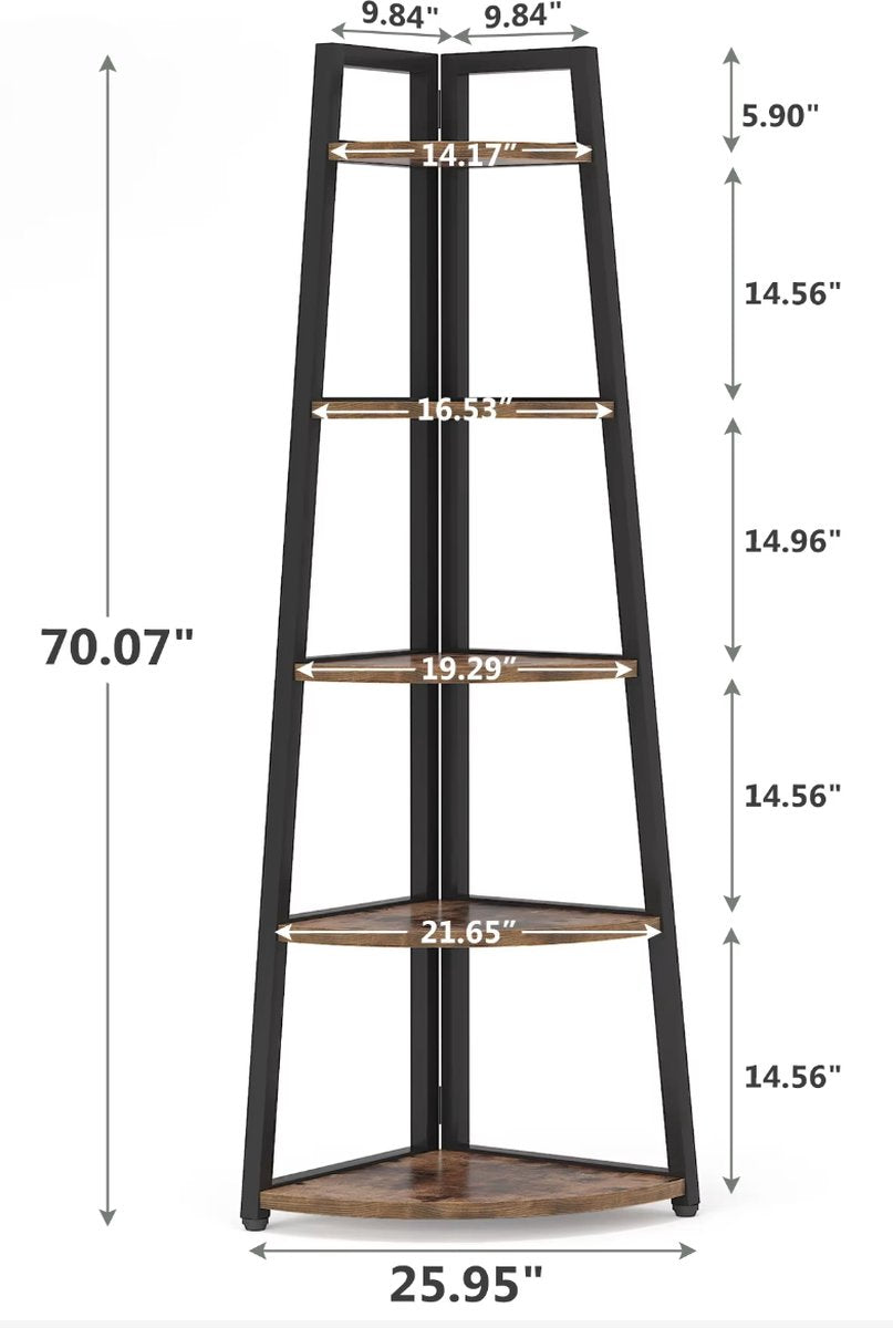 Bookcase - Corner cabinet - Cabinet with shelves - Quarter circle - 5 shelves - Industrial - Wood and metal - Brown/Black