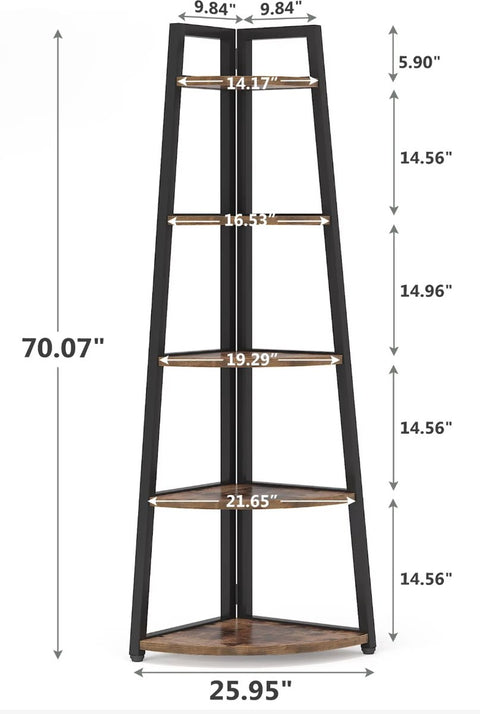 Bookcase - Corner cabinet - Cabinet with shelves - Quarter circle - 5 shelves - Industrial - Wood and metal - Brown/Black
