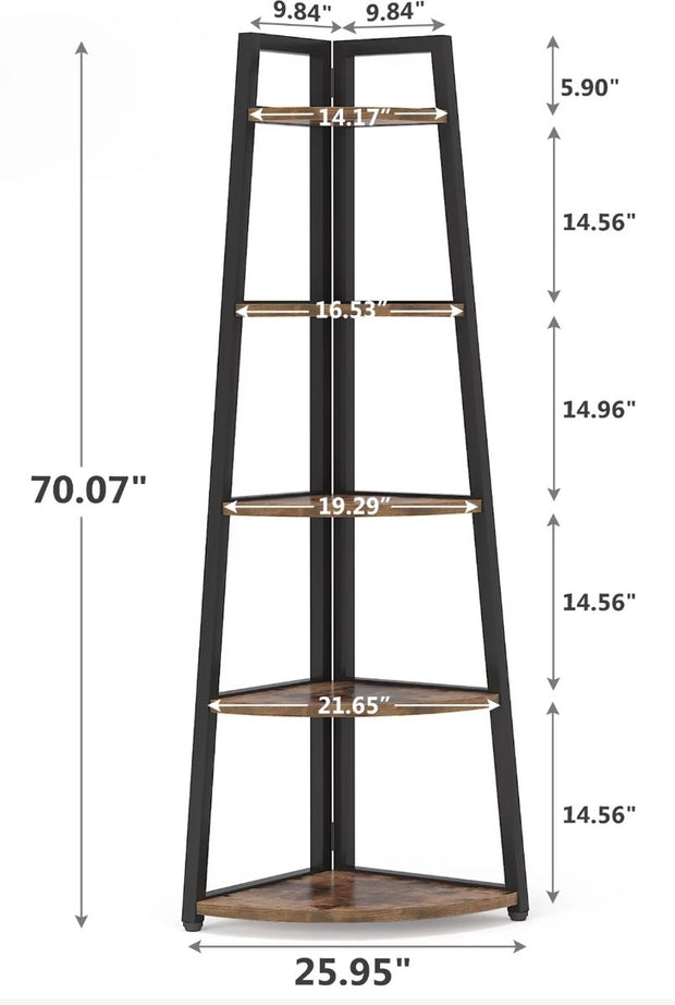 Bookcase - Corner cabinet - Cabinet with shelves - Quarter circle - 5 shelves - Industrial - Wood and metal - Brown/Black