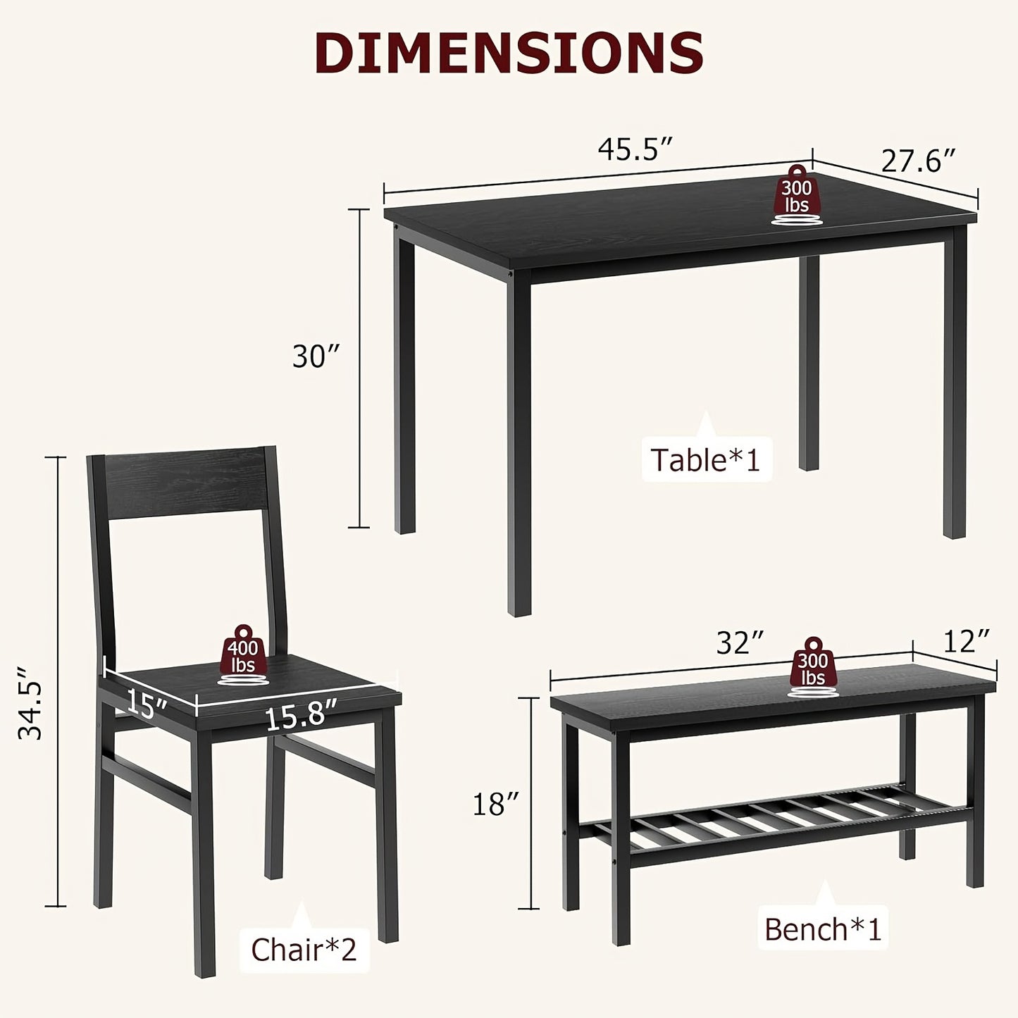 Eettafelset 4 Personen – Eettafel Met Stoelen – Dinerset – Keukentafelset – Zitgroep – Modern Zwart Metaal Frame – Inclusief Opbergrek – Compact Voor Kleine Ruimtes