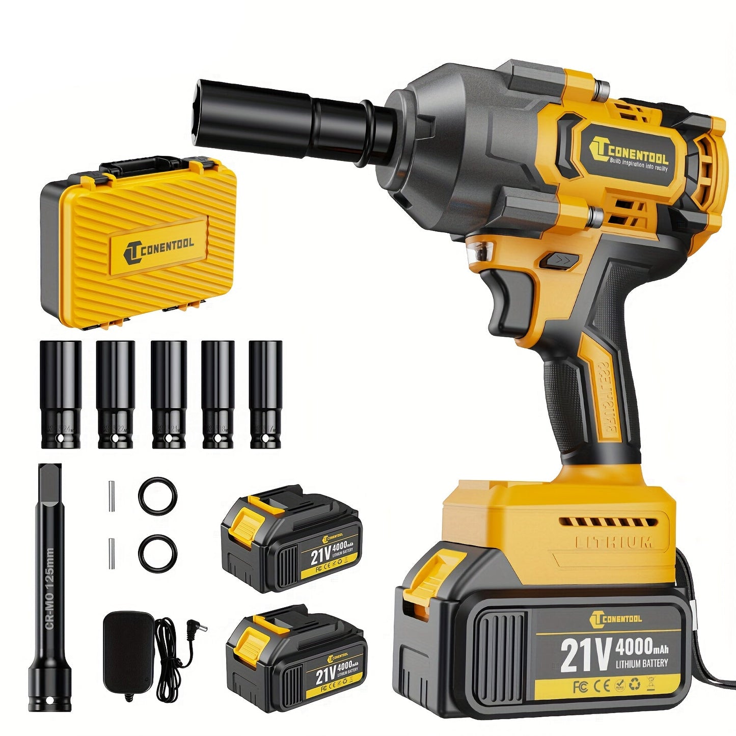 Slagmoersleutel 21V Draadloos – Accuboormachine – Slagmoersleutel Accu – Momentsleutel – Impact Wrench – 1000 Nm Koppel – Brushless Motor – 2 Batterijen + Snellader + Koffer