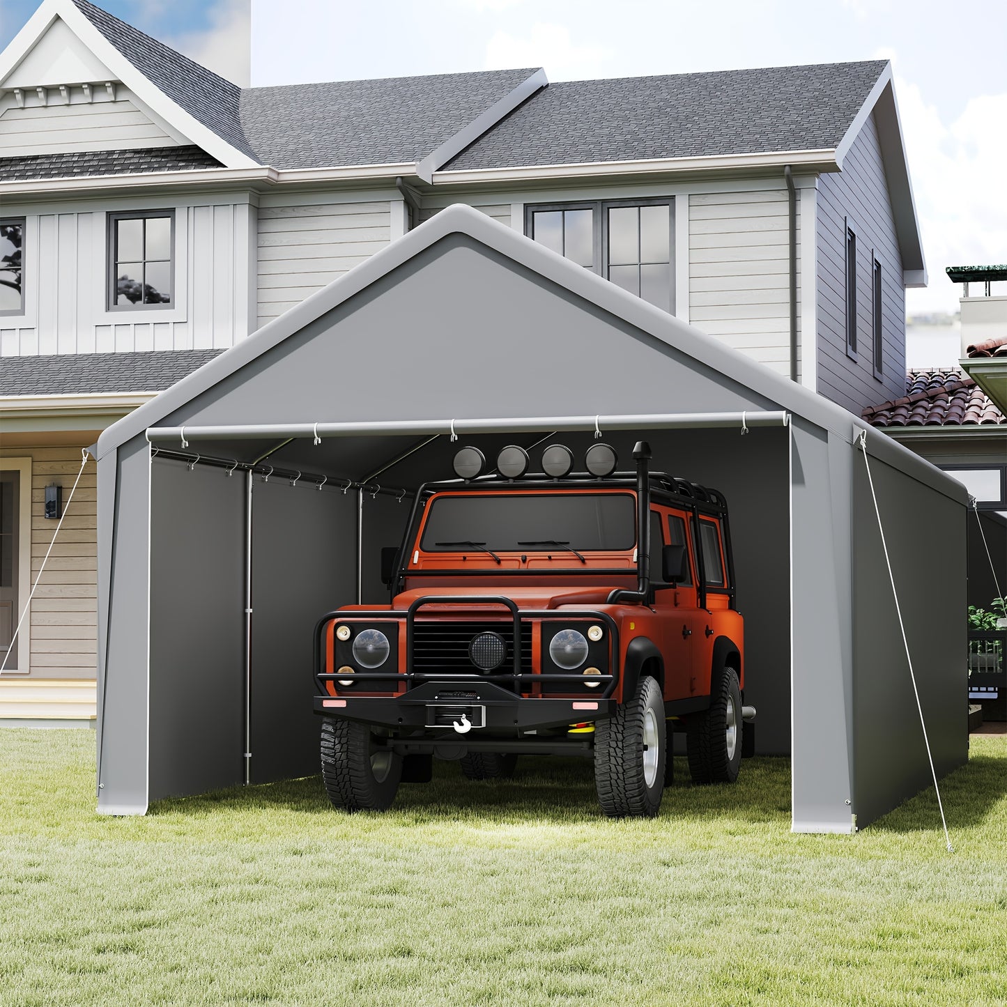 Garage Tent – Garage Overkapping – Opslag Tent – Carport – Zonwering Dak – 4x6m – Stabiel Stalen Frame – PE Dak met Rolgordijnen en Ramen