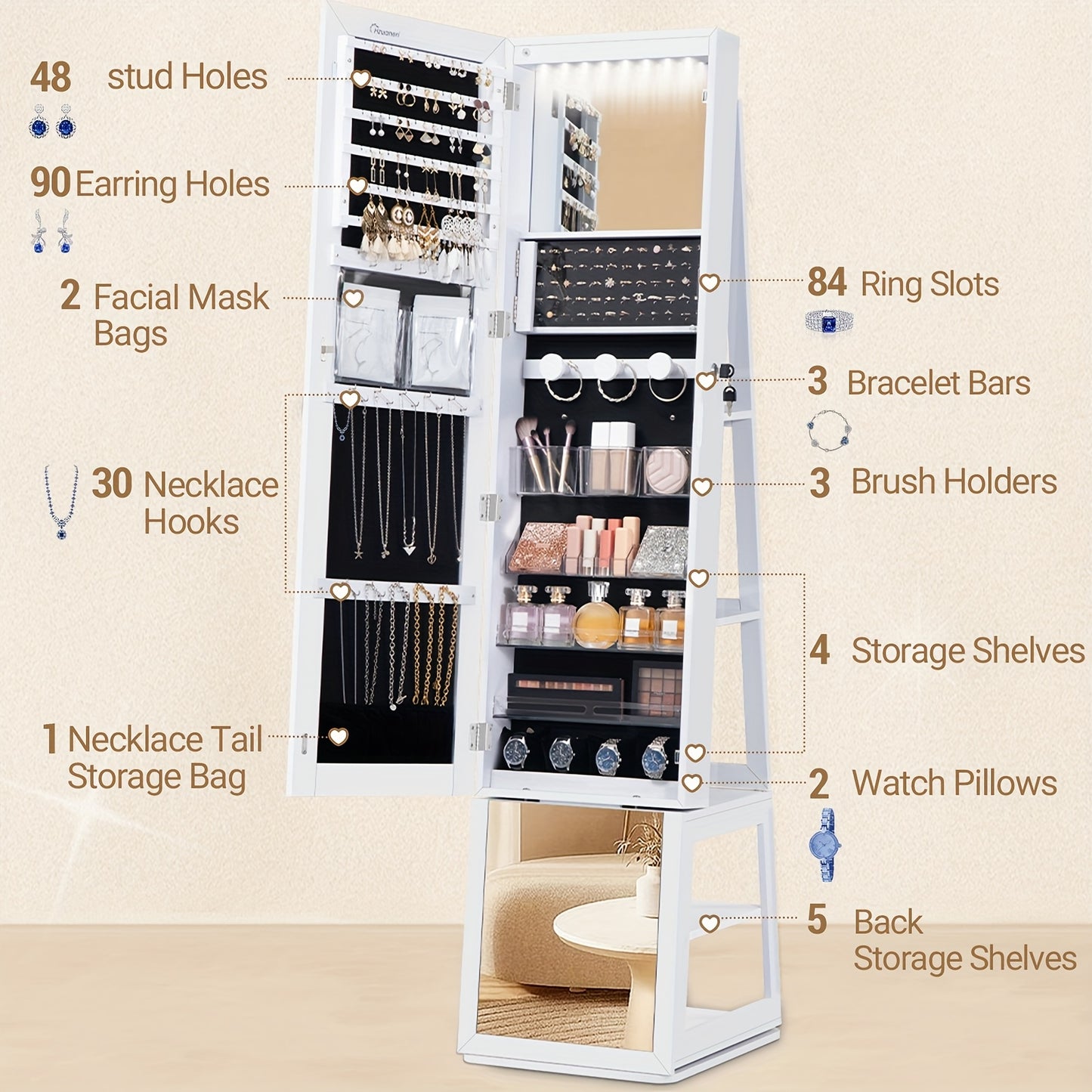 Sieradendoos – Sieradenkast – Juwelendoos – Sieradenopberger – Sieradenkastje – 360° Draaibare Spiegel – 4-laags Opbergruimte Met Slot – Wit Met Beige Bekleding