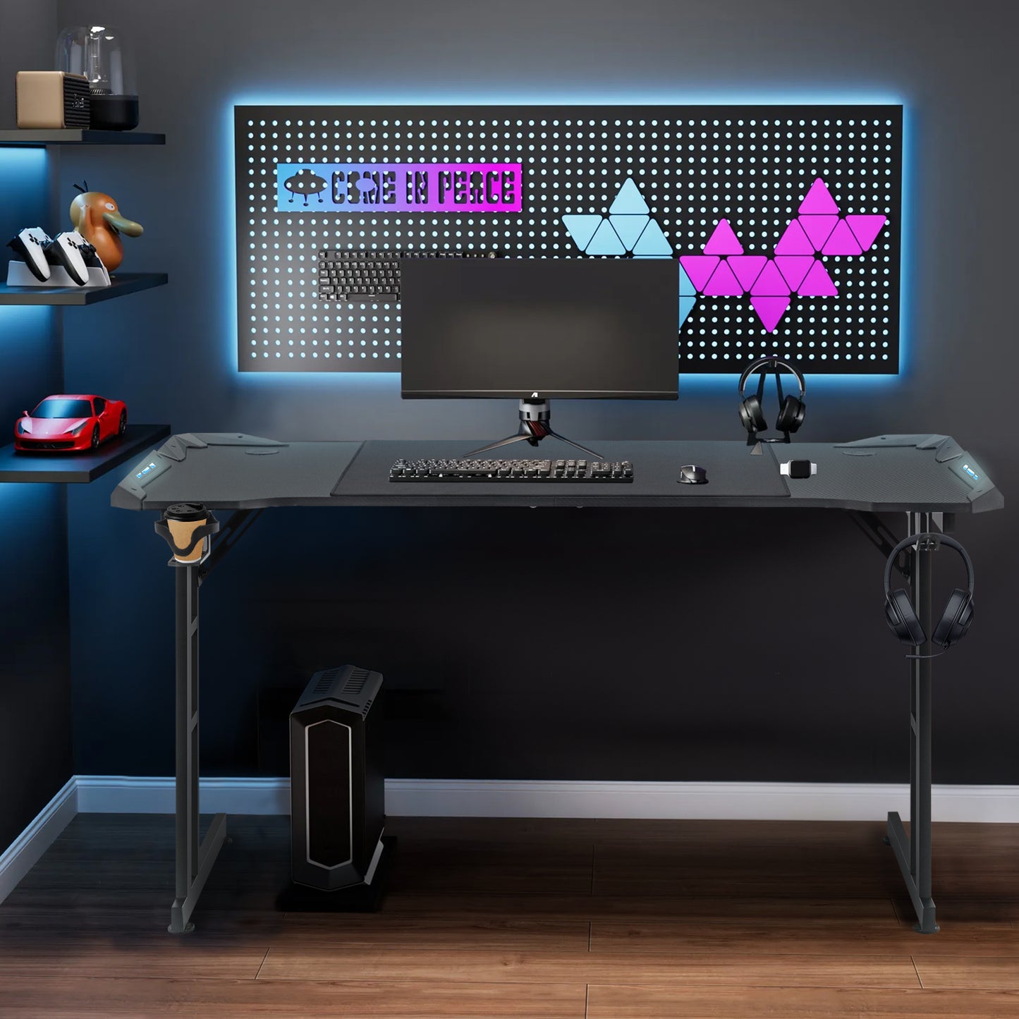 Gaming Tafel – Gaming Bureau – Computertafel – Werktafel – Esstafel – Verstelbare Hoogte – LED-Verlichting – Kabelmanagement – Hoofdtelefoonhouder – Bekerhouder – Carbon Fiber Blad – 120 cm