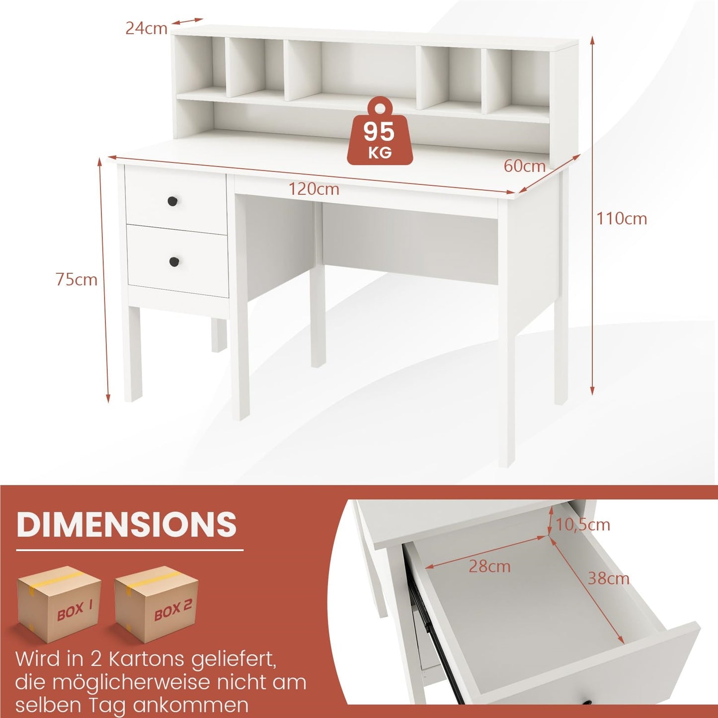 Bureau – Computertafel – Kindertafel – Pc Tafel – Thuiswerkplek – Wit – 120x60x110 cm – 2 Laden en 5 Vakjes – Stevige MDF Constructie