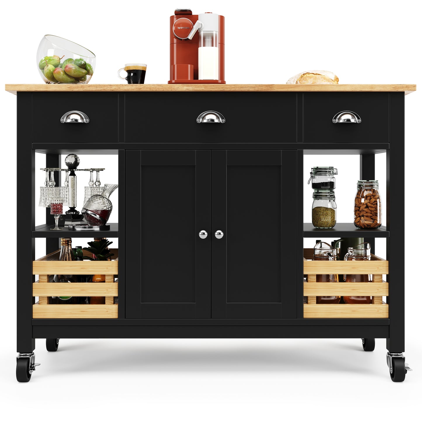 Keukeneiland – Keukenkast – Buffetkast – Keukenwagen – Serveerwagen – Uitklapbaar Werkblad – MDF Houtfineer Zwart 120x45x90 cm