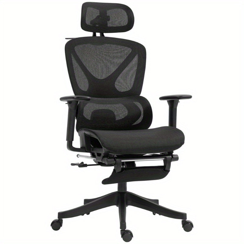Bureaustoel – Ergonomische Stoel – Office Chair – Draaistoel – Kantoorstoel – Verstelbare Mesh Rugleuning – 3D Armleuningen & Lendensteun – Ademend Zwart – Kantelfunctie, Voetensteun & Jashanger