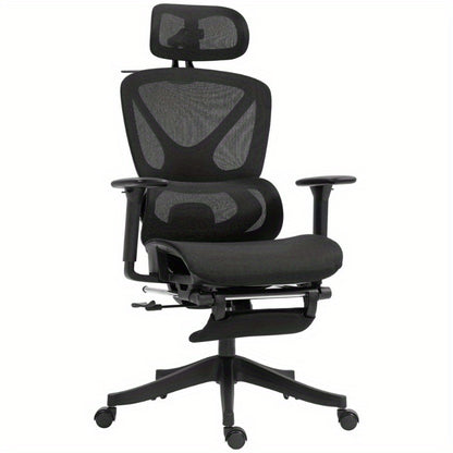 Bureaustoel – Ergonomische Stoel – Office Chair – Draaistoel – Kantoorstoel – Verstelbare Mesh Rugleuning – 3D Armleuningen & Lendensteun – Ademend Zwart – Kantelfunctie, Voetensteun & Jashanger