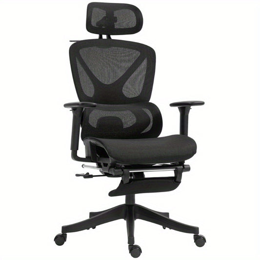 Bureaustoel – Ergonomische Stoel – Office Chair – Draaistoel – Kantoorstoel – Verstelbare Mesh Rugleuning – 3D Armleuningen & Lendensteun – Ademend Zwart – Kantelfunctie, Voetensteun & Jashanger