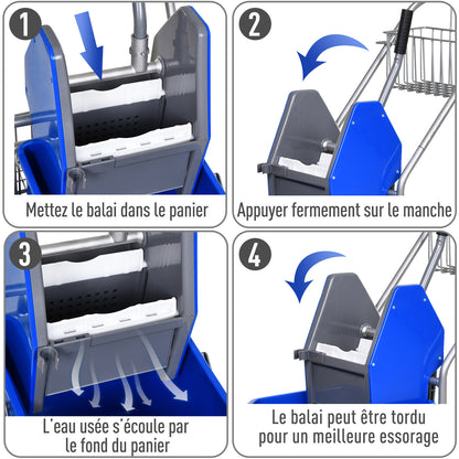 Schoonmaakwagen – Reinigingswagen – Dweilwagen – Systeemwagen – Schoonmaaktrolley – 26L Inhoud – Stalen Frame met 360° Zwenkwielen – Uitwringsysteem