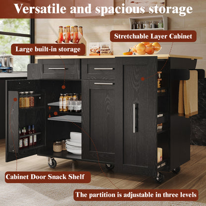 Modern Kitchen Island, Kitchen Cabinet, Buffet Cabinet, Dining Cart with Wood Veneer, Multifunctional Dining Table with Storage Space, Dining Cart with Snack Shelves And Stretch Function Cabinets, Black.