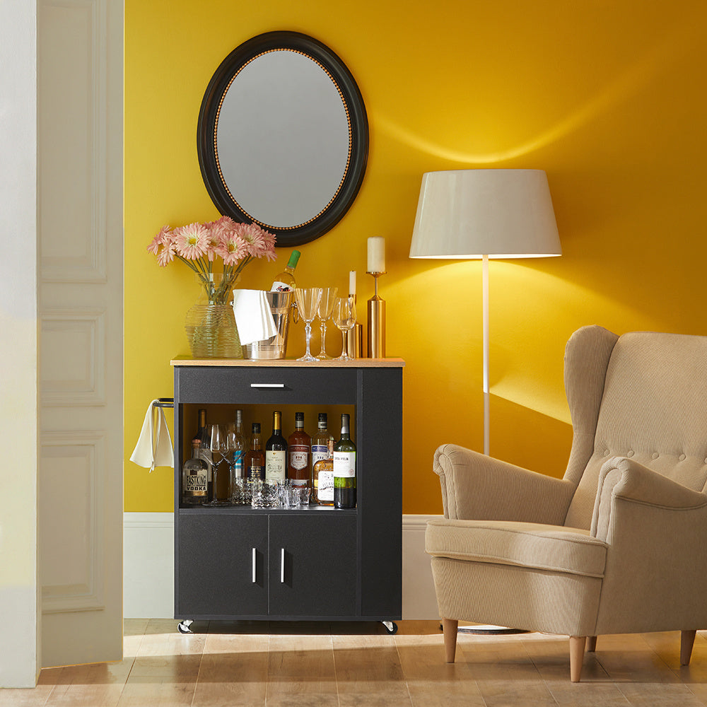 Keukentrolley – Keukenwagen – Serveerwagen – Keukenrek – Opbergkar – Met Lade en Deuren – MDF Zwart – 75x46x83 cm – Verrijdbaar met Remmen