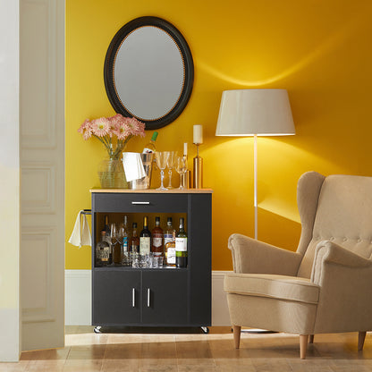 Keukentrolley – Keukenwagen – Serveerwagen – Keukenrek – Opbergkar – Met Lade en Deuren – MDF Zwart – 75x46x83 cm – Verrijdbaar met Remmen