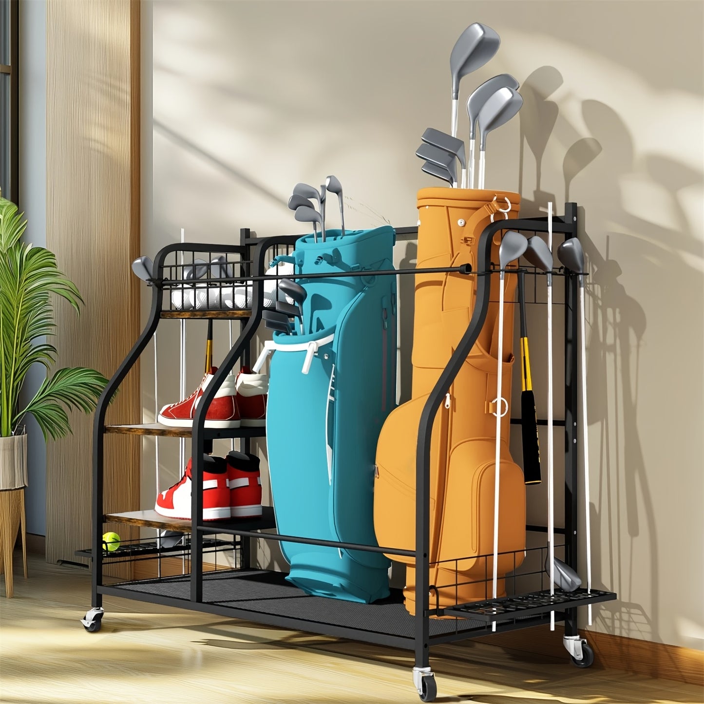 Golf Organizer – Golfopberger – Golfclubhouder – Golftasrek – Golfkar Organizer – Rolling Design Met Wieltjes – Stevig IJzer En MDF