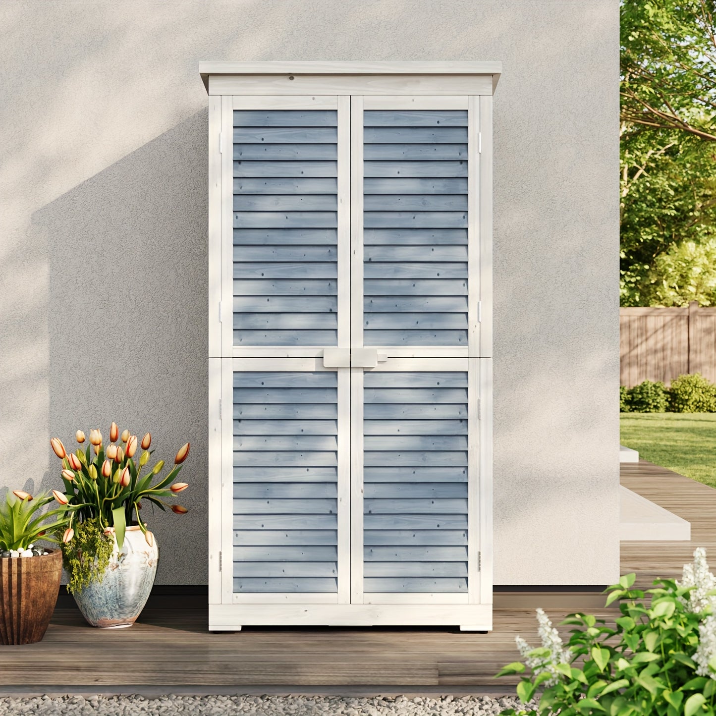 Houten Tuinkast – Tuinkast Met Schuifdeuren – Tuinberging – Buitenkast – Opbergkast – Grijs – 2-Laags Met Ruime Legplanken – Stevig Houten Materiaal