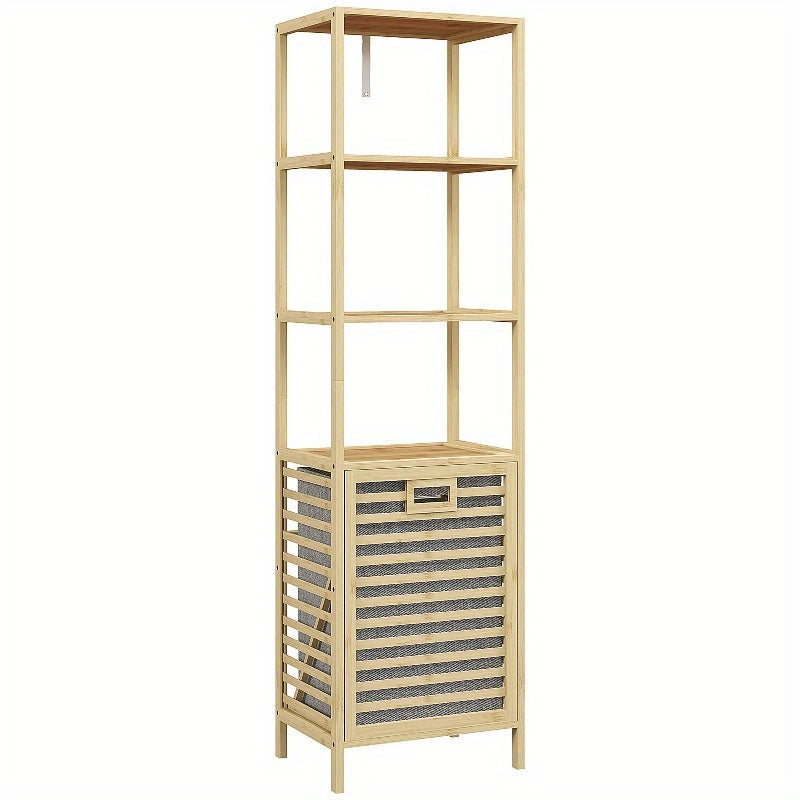 Badregal – Opbergrek – Bamboo Kast – Badkamermeubel – Plankenrek – Ruimtebesparend – Met Uitneembare Stoffen Manden – 44x33x160 cm Stabiel Met Metaalversterking