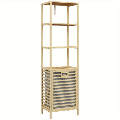 Badregal – Opbergrek – Bamboo Kast – Badkamermeubel – Plankenrek – Ruimtebesparend – Met Uitneembare Stoffen Manden – 44x33x160 cm Stabiel Met Metaalversterking