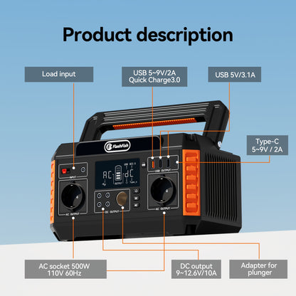 500W Portable Power Station with 100W Foldable Solar Panel - 520Wh/140, 000mAh Lithium Battery, 2 AC Outlets, 4 USB Ports, 4 Adapters, Digital Display & Solar Charging, Compact & Lightweight for Camping, Emergency, Home Backu