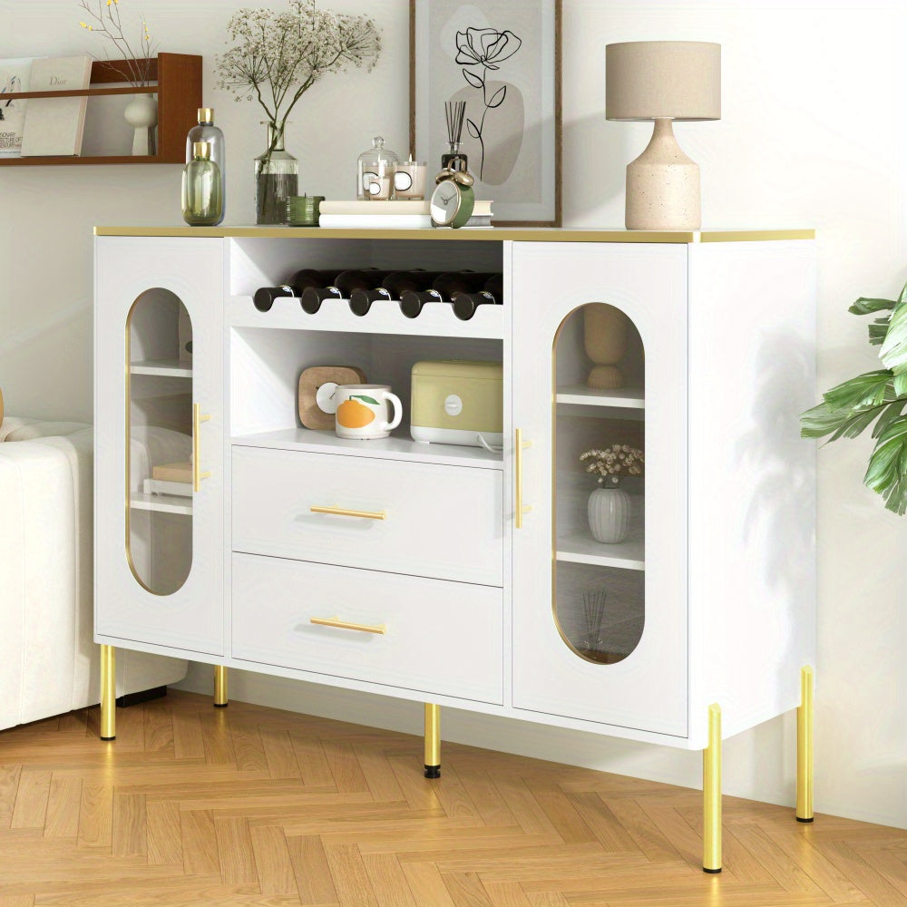 Dressoir – Kast – Sideboard – Opbergkast – Ladekast – Wit MDF Met Glazen Deuren – Inclusief Wijnrek En Lades – Stijlvol En Ruim Opbergmeubel