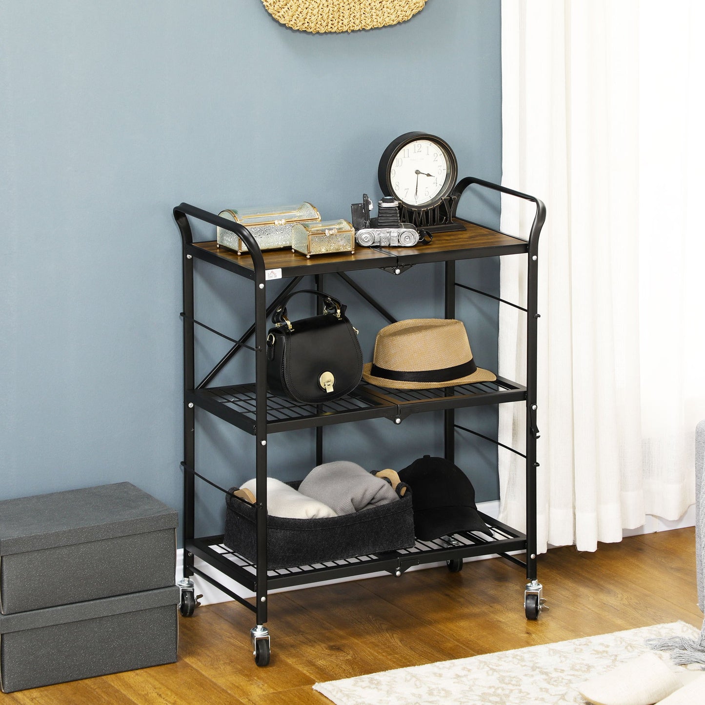 Keukentrolley – Serveerwagen – Opbergtrolley – Werktafel – Mobiele Keukenkar – Industrieel Design – 3 Ruime Planken – Inklapbaar Met 4 Draaibare Wieltjes – Bruin/Zwart