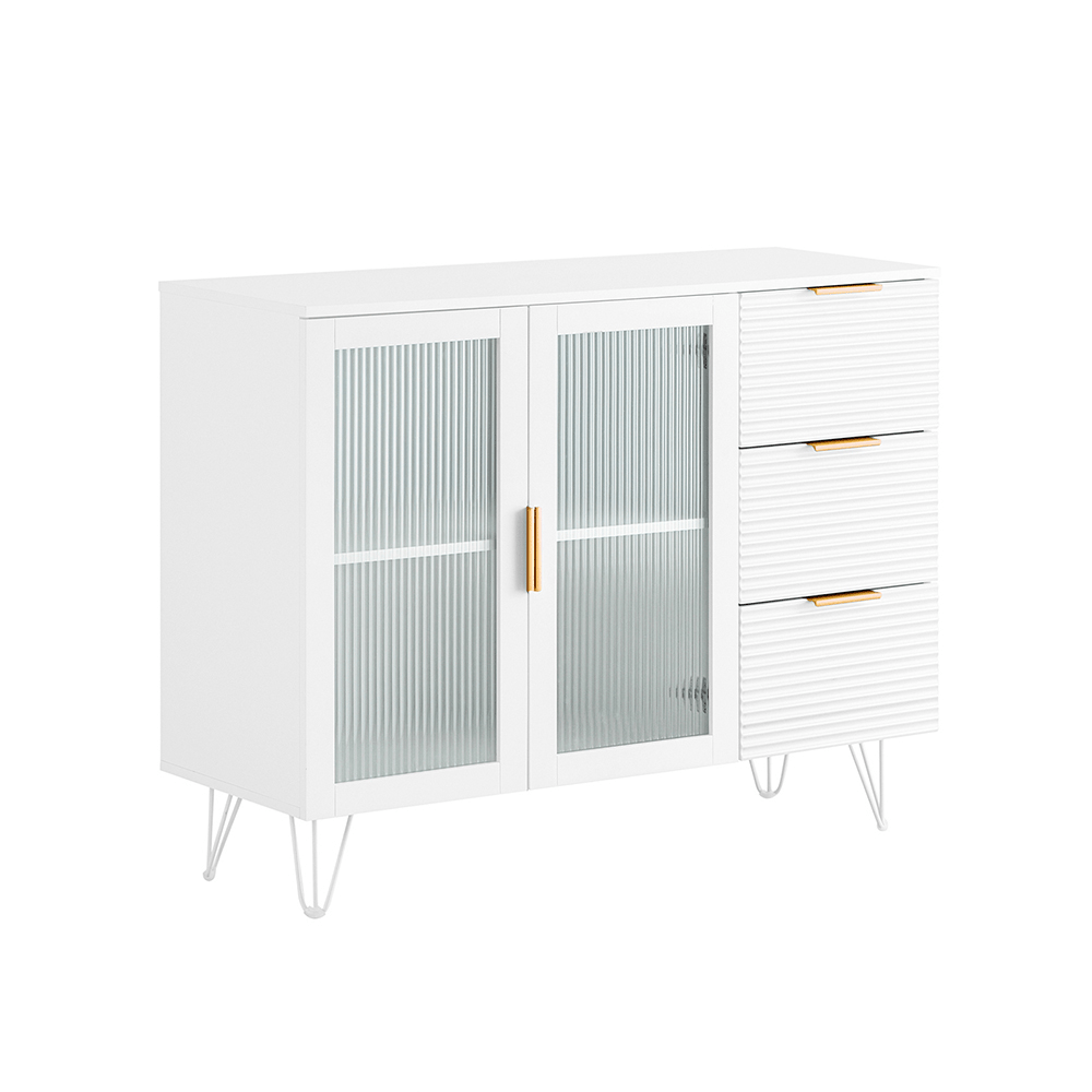 Keukenkastje – Keukenbuffet – Keukenmeubel – Opbergkast – Onderkast – 3 Laden – 2 Glazen Deuren – MDF Wit – Compact 108x85x40 cm