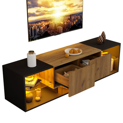 Three-tier TV Stand | Suitable for TVs up to 177.8 cm, Modern Style, Glass Top Storage Platform, Two Drawers, Ideal for Living Rooms and Bedrooms, Black, Metal Material