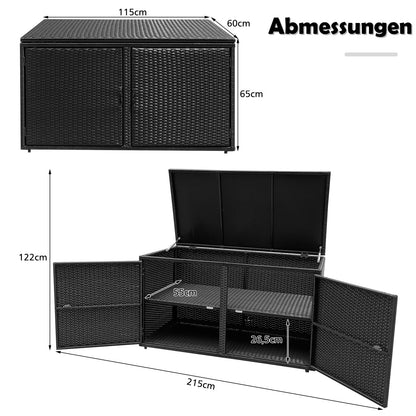 Rattan Opbergbox – Tuinkist – Opbergkist – Buitenbox – Tuinbank Met Deksel – 333L Inhoud – Weerbestendig PE Rattan – Dubbele Deuren & Binnenplanken – Mat Zwart – 115x60x65 cm