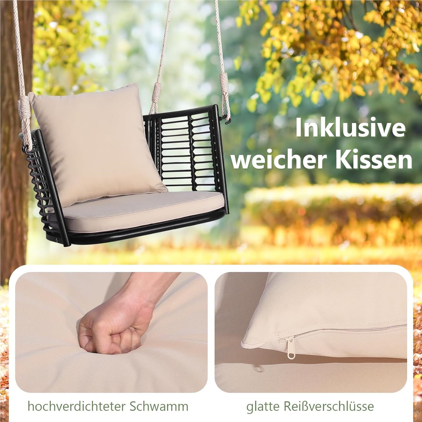 Hangstoel – Hangfauteuil – Schommelstoel – Hangmatstoel – Tuinstoel – Rattan – Met Metalen Frame – Inclusief Kussens – Tot 180 kg Belastbaar – Beige