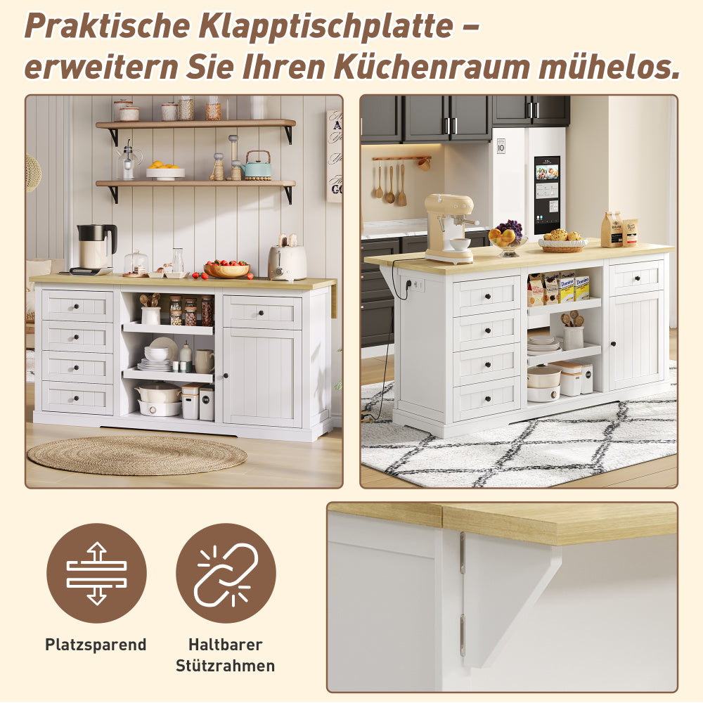 Sideboard, Kitchen Island, Wine Cabinet with 5 Drawers, 2 Pull-Out Shelves, Foldable Extension, Suitable for Kitchen, Dining Room, and Living Room, White, 150×65×75cm,  Spacesaving Furniture, Modern Sideboard, Minimalist Fu
