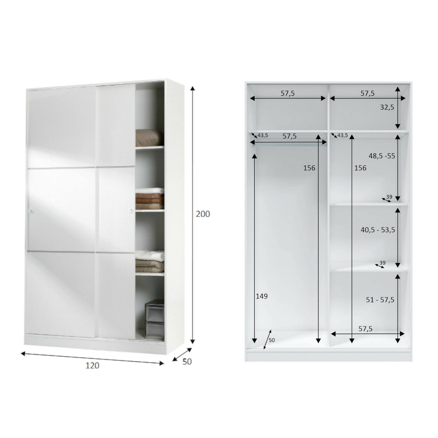 Wardrobe 2 in Front of Dnoce, Bedroom Closet, Furniture with 4 Shelves And Clothes Rail, 120X50H200 Cm, Available in 4 Colors