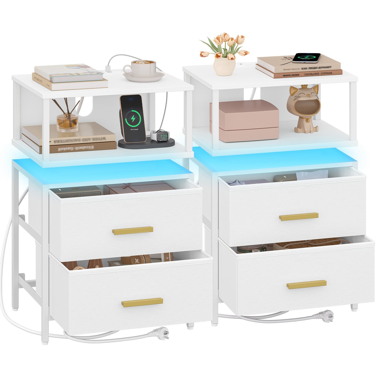 Bedside Table – Nachtkastje – Bijzettafel – Opbergtafel – Side Table – Met 2 Stoffen Laden – Modern Wit – 30x40x60,5 cm