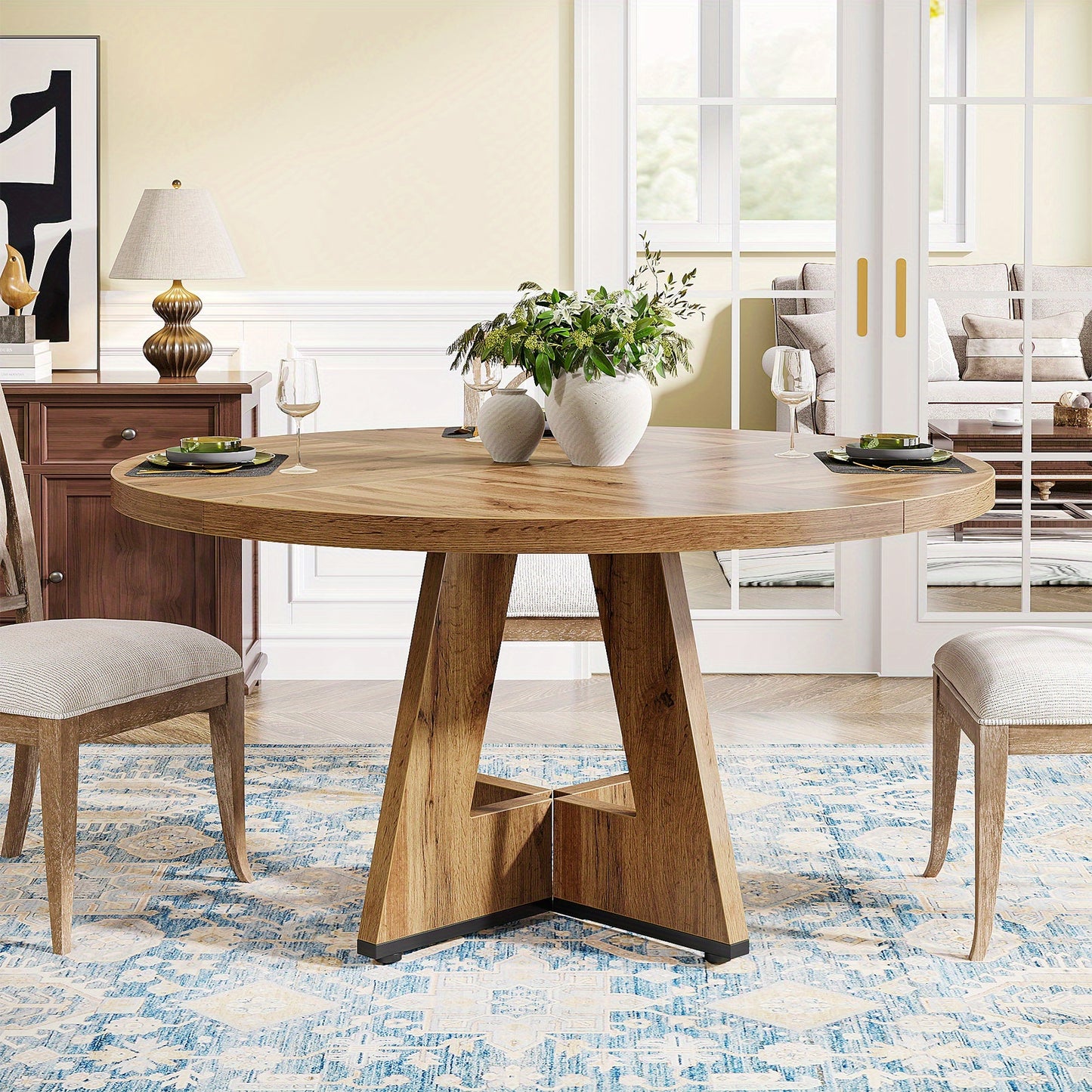 Ronde Eettafel – Houten Tafel – Keukentafel – Draaibare Tafel – Landelijke Tafel – Ruimtebesparend Design – Stevig Kruisvormig Onderstel – Diameter 120 cm – Burlywood Hout