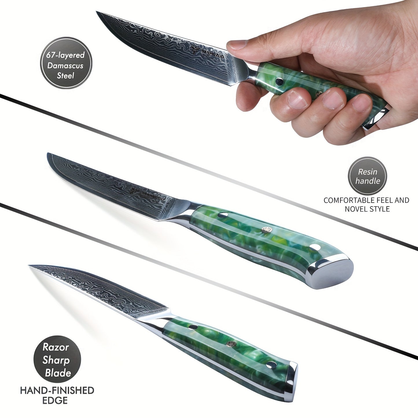 Steakmessen – Vleesmessen – Keukenmessen – Messenset – Vleesmes – Damaststaal – Kunstjade Handvat Groen – 12,7 cm Lemmet – Ultra Scherp Zonder Kartels