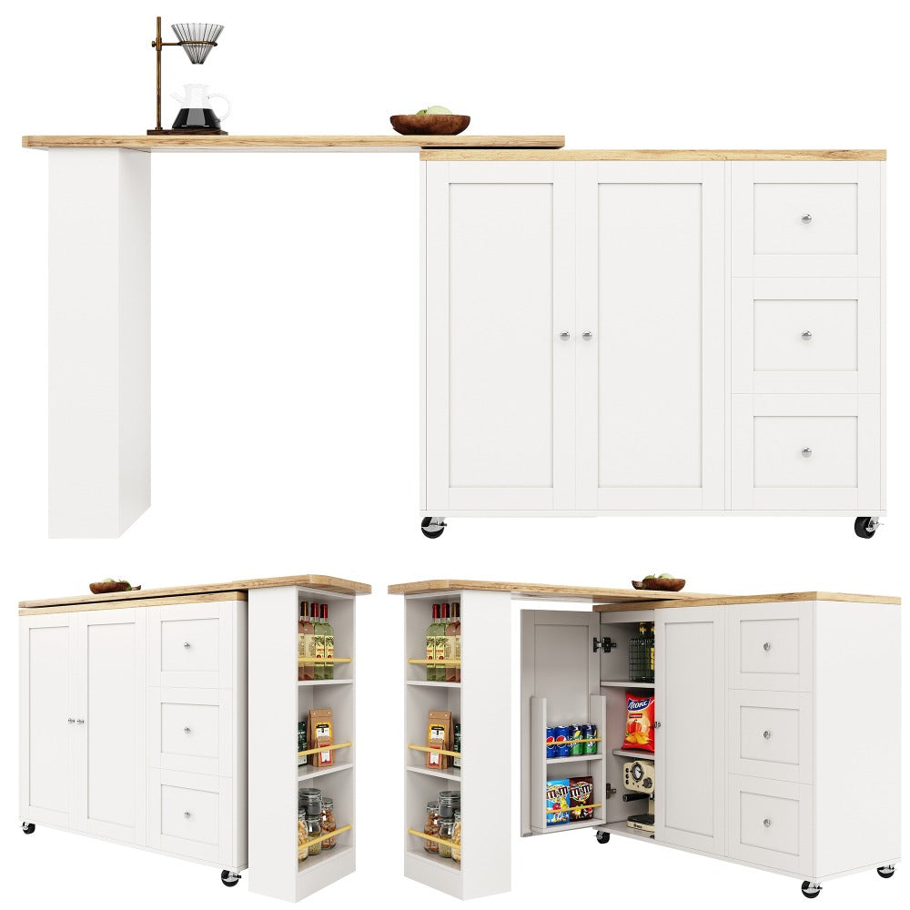 Keukeneiland – Keukentrolley – Keukenkast – Buffetkast – Organizer – 360° Draaibaar – MDF Wit – 135-203x39x106 cm – Inclusief Snackrek