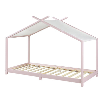 Huisvormig Kinderbed – Speelbed – Kinderbed - Bedhuis – Bunk Bed – Roze – Massief Dennenhout – Afneembaar Stoffen Dak – 90 x 200 cm