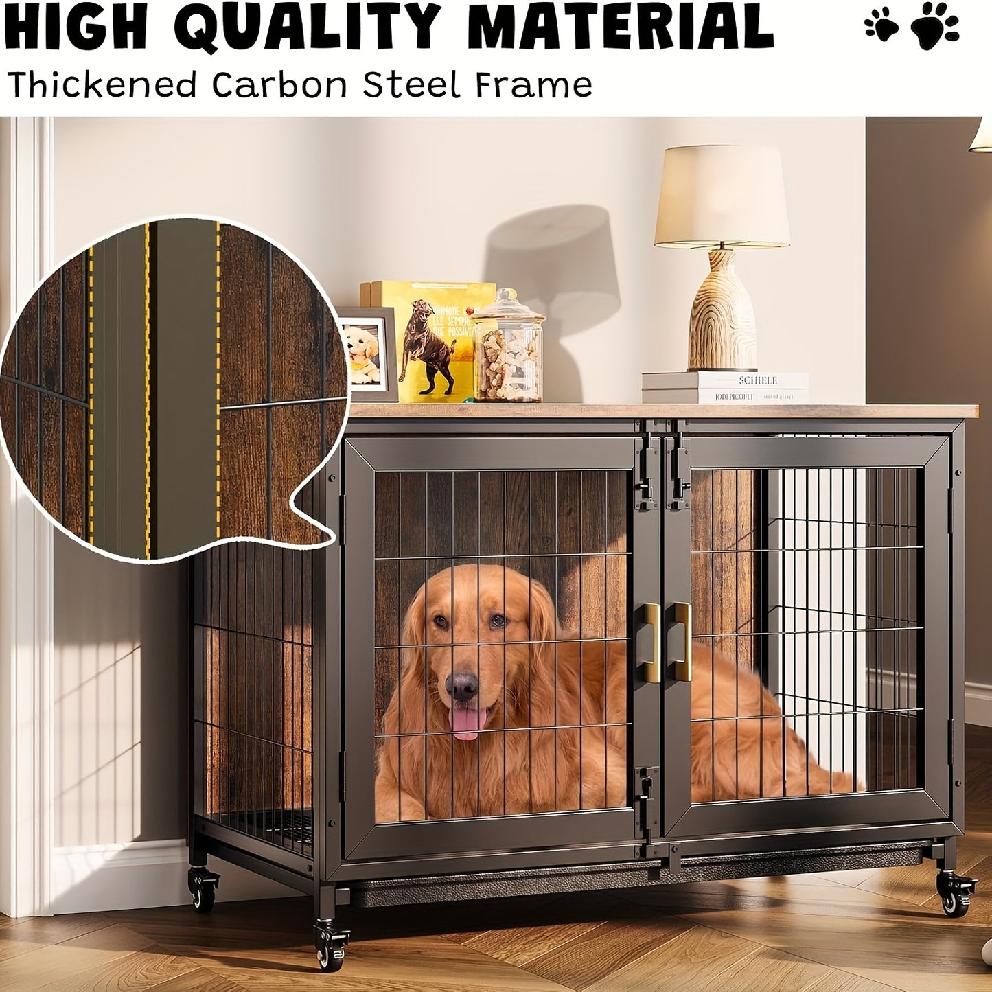 Hondenkennel Grote Maat – Hondenkooi Binnen – Hondenbench Hout – Hondenhok XL – Met Dubbele Deuren – Stevig Stalen Frame – Verplaatsbaar Met Remmen