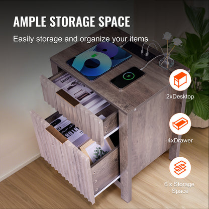 Nachtkastje – Nachtkastjes – Nachtkast – Bijzettafel – Bedkastje – Set van 2 – Ingebouwde USB en Stopcontacten – Houtnerf MDF Grijs