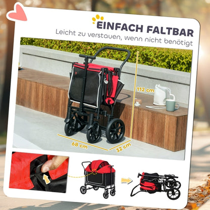 Hondenbuggy – Huisdierenbuggy – Wandelwagen – Transportwagen – Buggy Opvouwbaar – Geschikt Tot 30 kg – Lichtgewicht Stabiel Frame – Ruime Binnenruimte 110x65x102 cm – Rood