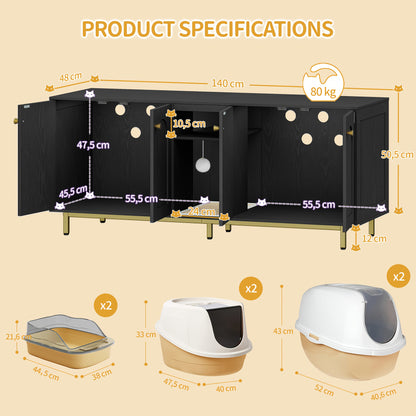 Kattenbakkast – Kattenkast – Kattenbak Meubel – Kattenhuis – Kattenbak Ombouw – Voor 2 Katten – Verborgen Kattenbak Met Opbergruimte – Wit Met Gouden Accenten – 140x48x62 cm – Inclusief Pluche Speelballen