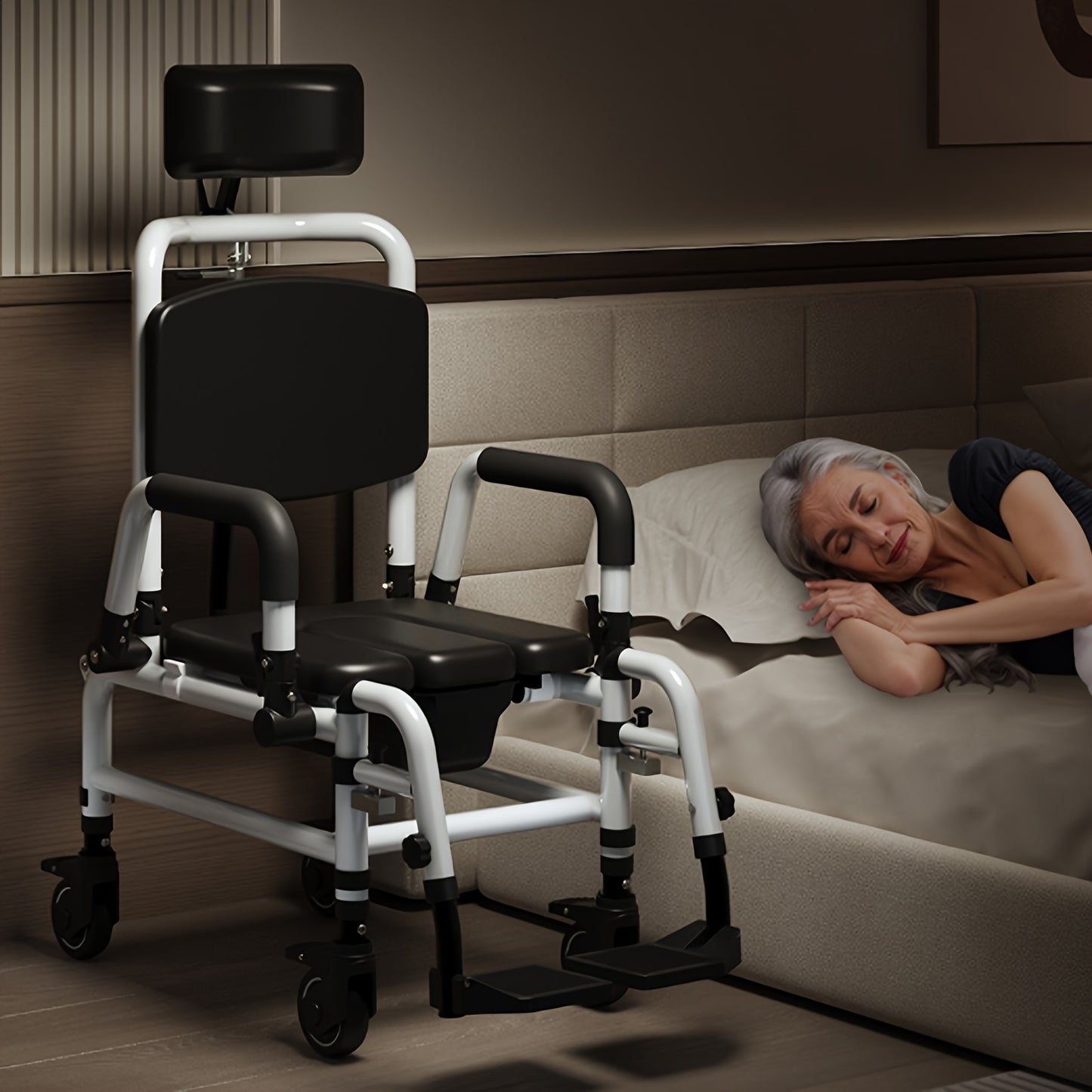 Toiletstoel – Postoel – Commode Stoel – Nachtstoel – WC Stoel – Mobiel Met Wielen – Kantelbare Rugleuning En Afneembare Toiletemmer