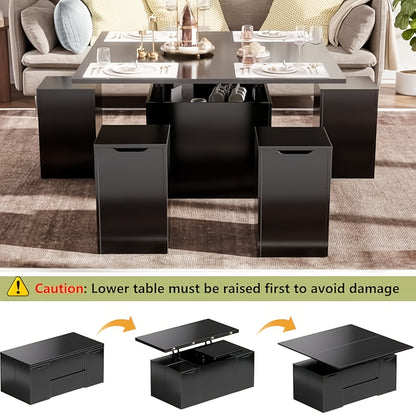 Salontafel – Multifunctionele Tafel – Uitklapbare Tafel – Eettafel – Bijzettafel – Verstelbare Hoogte – Inclusief 4 Opbergkrukken Zwart
