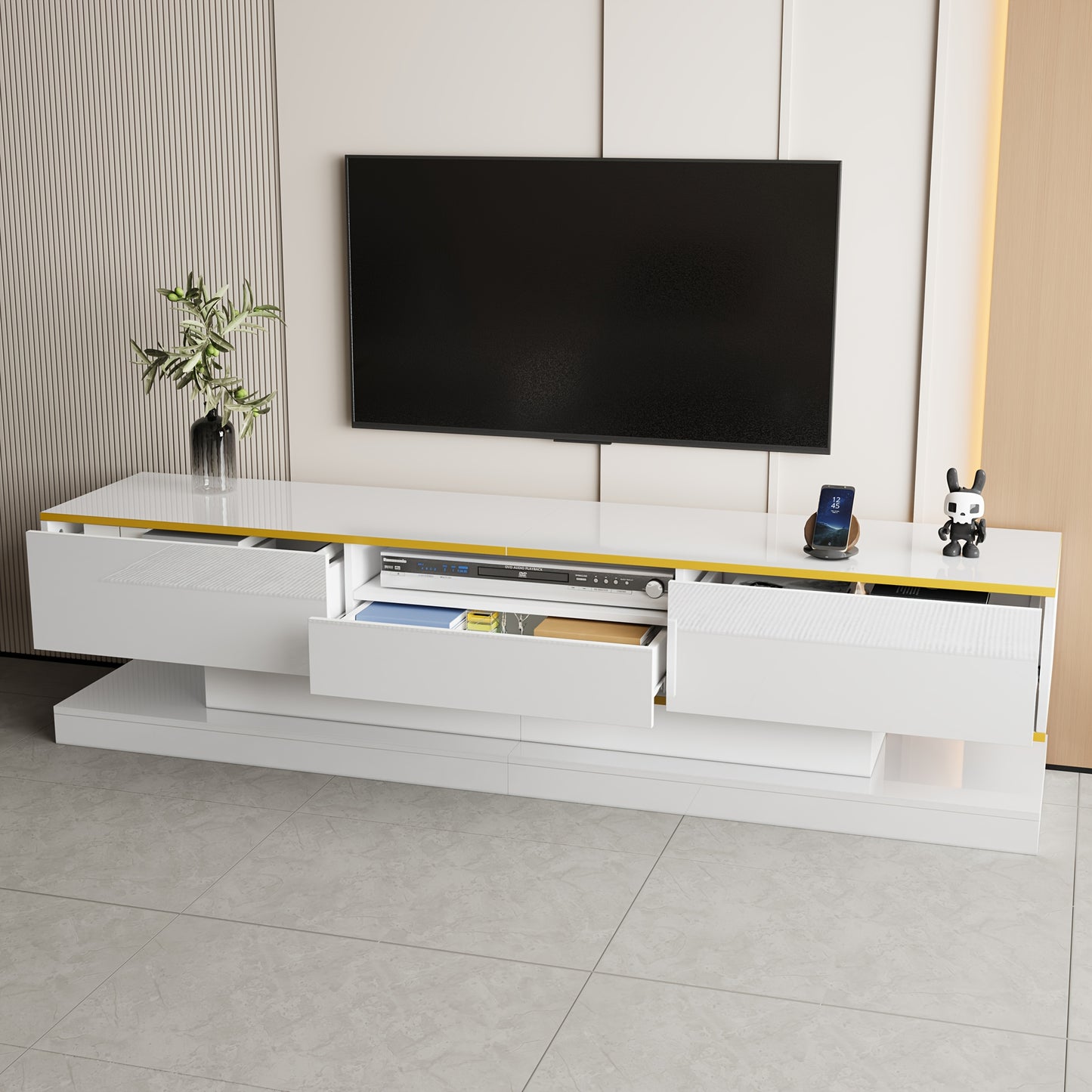 Tv Meubel – TV Kast – TV Meubelkast – Mediameubel – Entertainmentkast – Modern Design – Hoogglans Wit – 180x38x45 cm – 3 Lades en Open Vak – Zonder Stroom