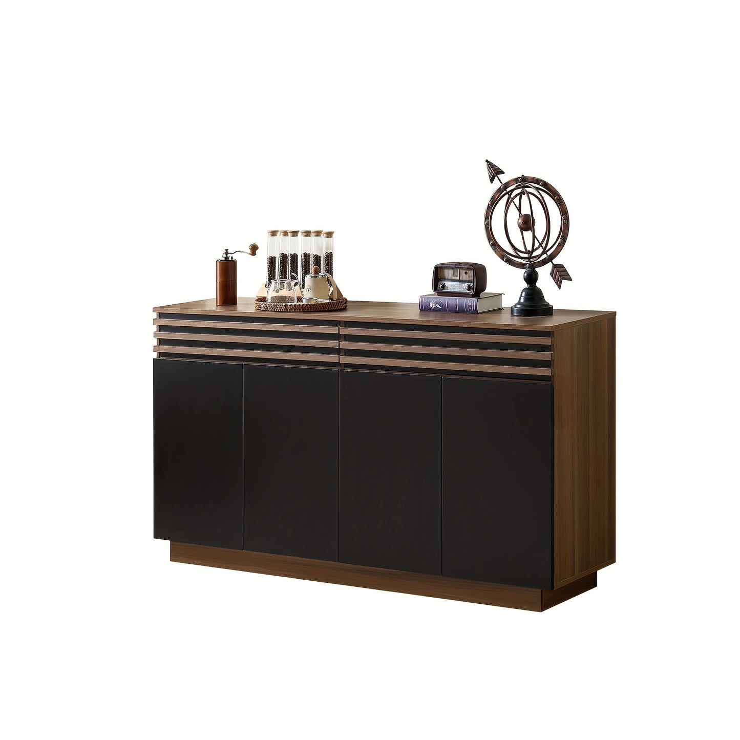 Contemporary Sideboard 150 X 40 X 85cm In Brown Wood Look with Black Doors, 2 Drawers And 4 Cupboard Doors, Spacious Storage And Stylish Design for Living Room, Dining Room And Kitchen., Dining Room Cabinet, Spacesaving Furni