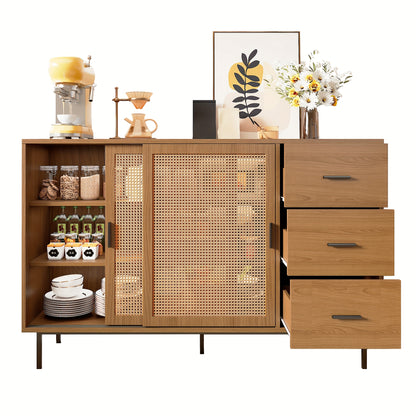 Rustic Modern Metal with 2 Sliding Doors & 3 Drawers - Adjustable Shelves, Freestanding/Dining Room Sideboard, Space-Saving Design (140x91x37cm) - No-Wood Furniture in Neutral Tones for Apartments, Farmhouse, or Contemporary